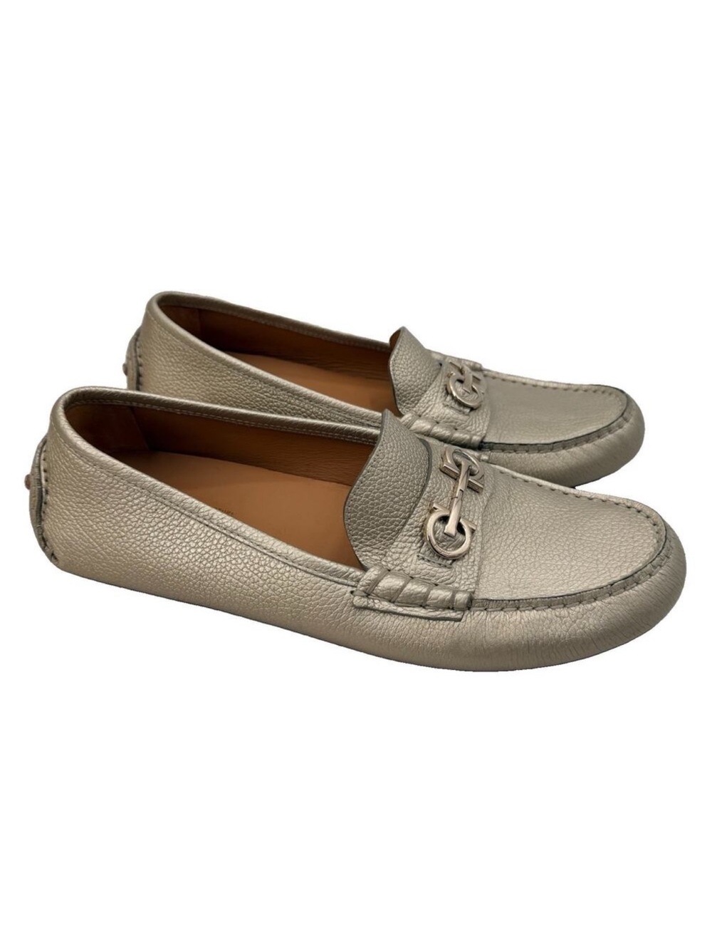 Salvatore Ferragamo Gancini Driving Loafers Odilia Gold Womens Size 9.5 C